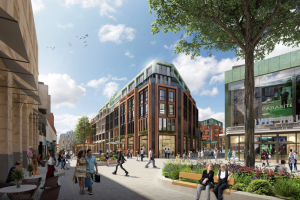 A render of proposed development in City Centre South showing admixture of commercial, office and public spaces.