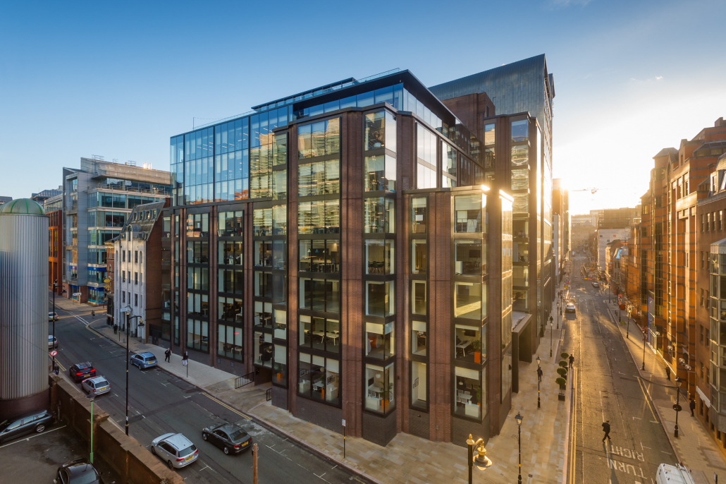 Photograph showing the exterior of Bruntwood's Cornerblock building with floor to ceiling glazing in Birmingham