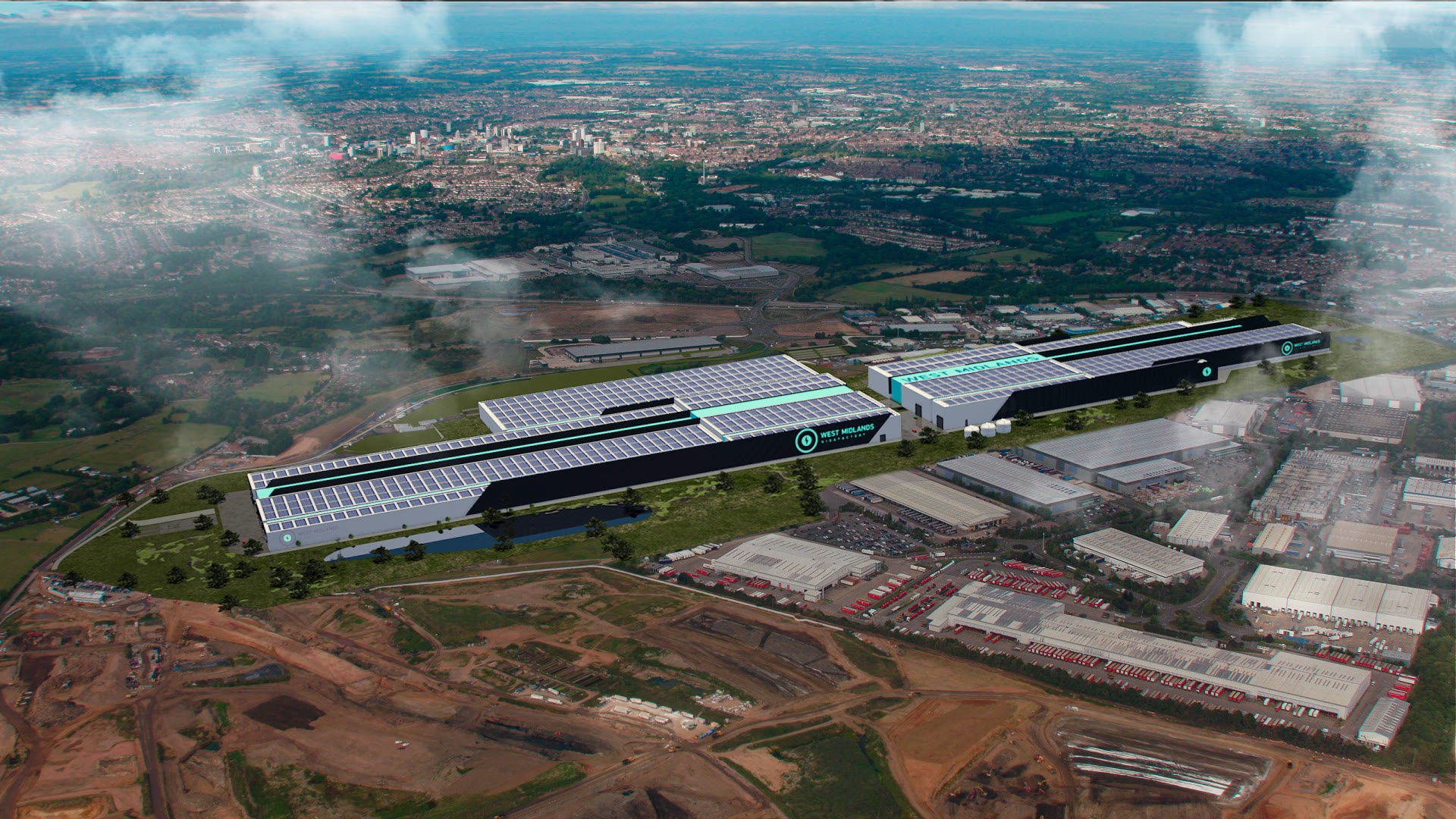 An artists impression of the West Midlands Gigafactory. An aerial view of long factory buildings with a panelled roof. The artist ha placed the factory in to a photograph of the current landscape.